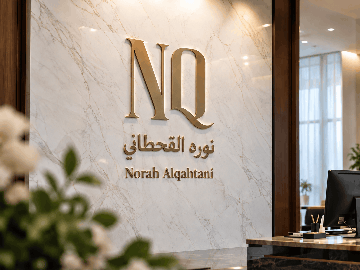تصميم استقبال مكتب نورة القحطاني بشعار ذهبي على جدار رخامي
